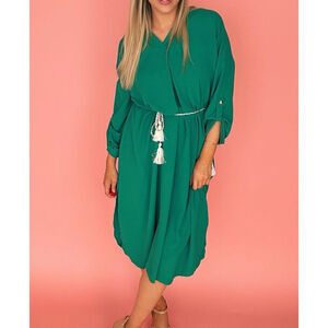 Emerald Green Made in Italy Flowy V-Neck Midi Roll-Tab Sleeves Dress One Size